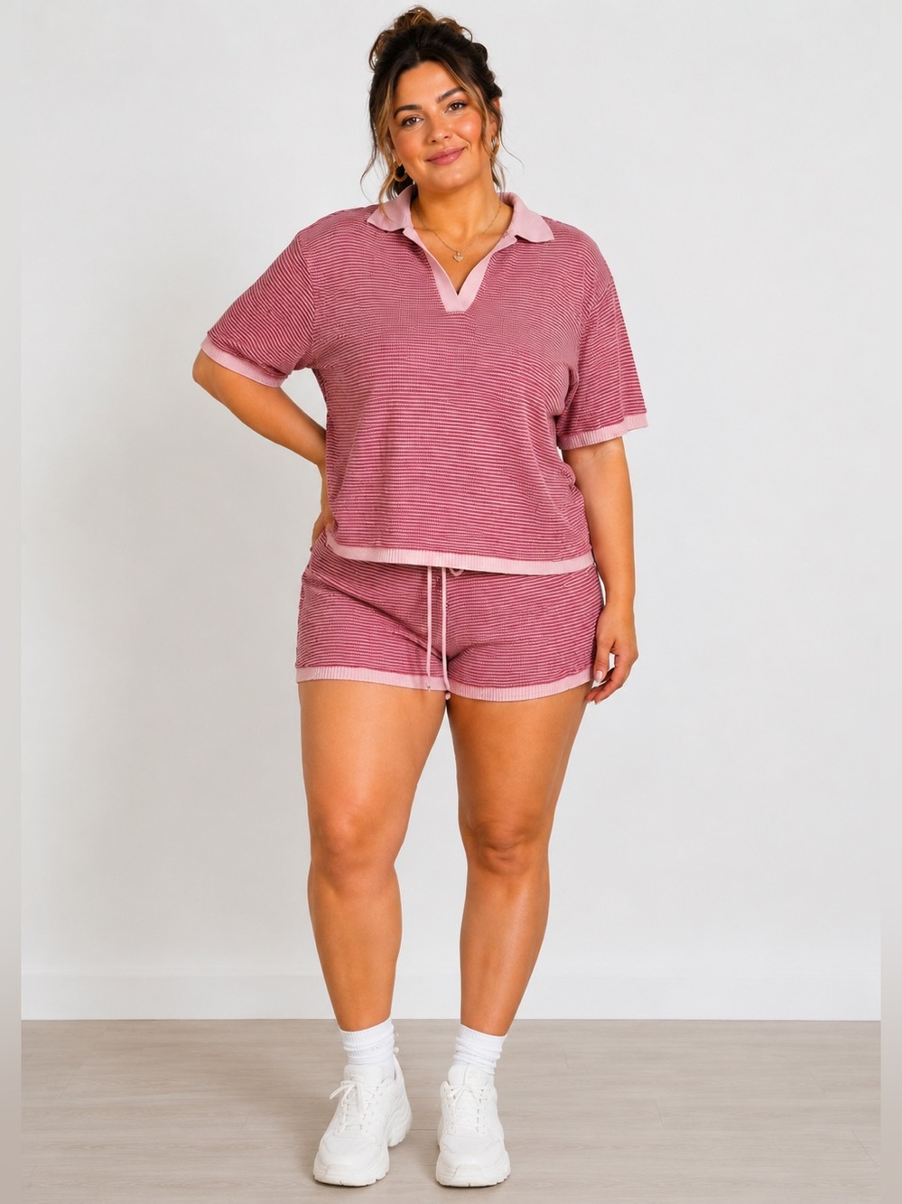 Pink Striped Polo Shirt & Shorts Set Women's Matching Preppy Lounge Outfit‎